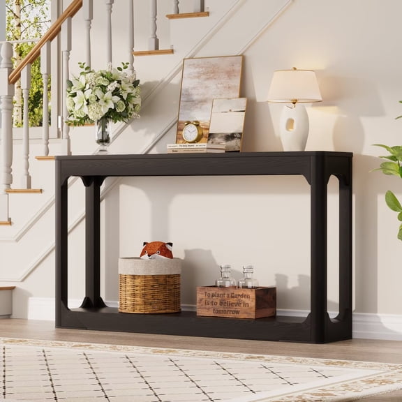 UZUGUL Black Console Sofa Table, Mid-Century Modern, Double Layer Display, Space-Saving, for Small Apartment Foyer