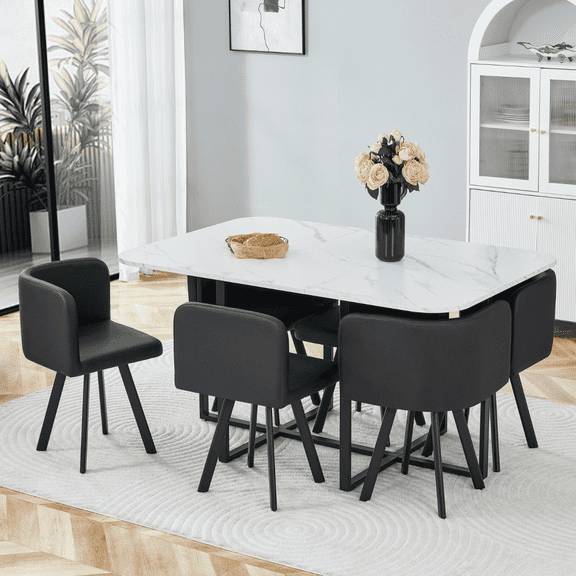UZUGUL Black Faux Leather Chairs & White Marble Grain Table 7-Piece Oval Kitchen Dining Set, Wipe-Clean Surface