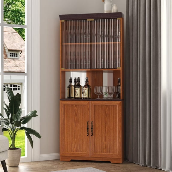 UZUGUL Dark Oak 5-Tier Corner Storage Bookcase, Triangular Back for Corner, Curio Cabinet, Adjustable Shelves, for Living Room