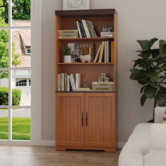 UZUGUL Dark Oak 5-Tier Storage Cabinet, Vertical Fluted Doors, Black Handles, Adjustable Shelf, Corner or Wall, for Study