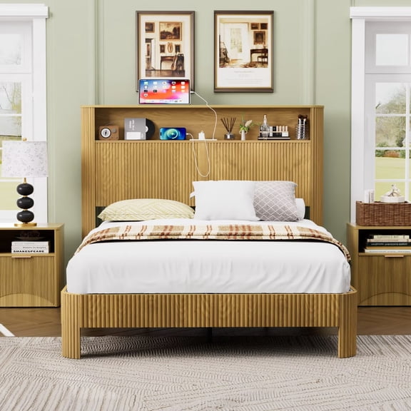 UZUGUL Full Wood Bed Frame with USB, Fluted Wave Design, Headboard Storage, Noise Reduction, 1000 lb Capacity