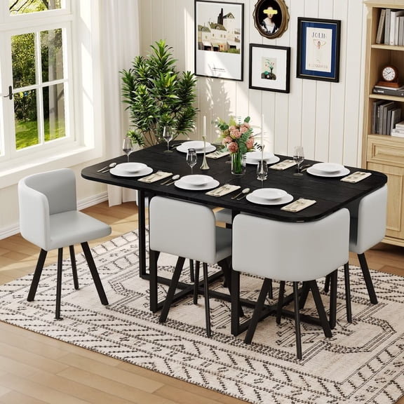 UZUGUL Gray Chairs & All Black Wood Grain Table 7-Piece Oval Dining Set for 6, Easy-Clean Top