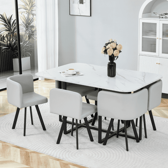 UZUGUL Gray Chairs & White Marble Grain Table 7-Piece Oval Kitchen Set, Space-Saving Chairs