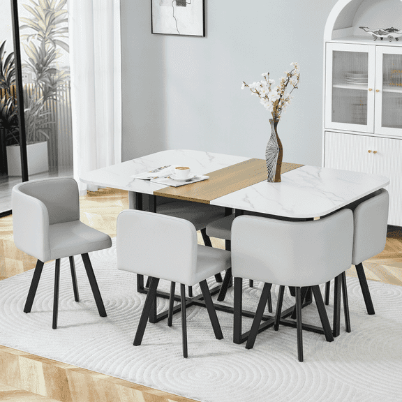 UZUGUL Gray Faux Leather Chairs with White Marble Sides & Vertical Wood Center Table 7-Piece Oval Kitchen Set, Space-Saving