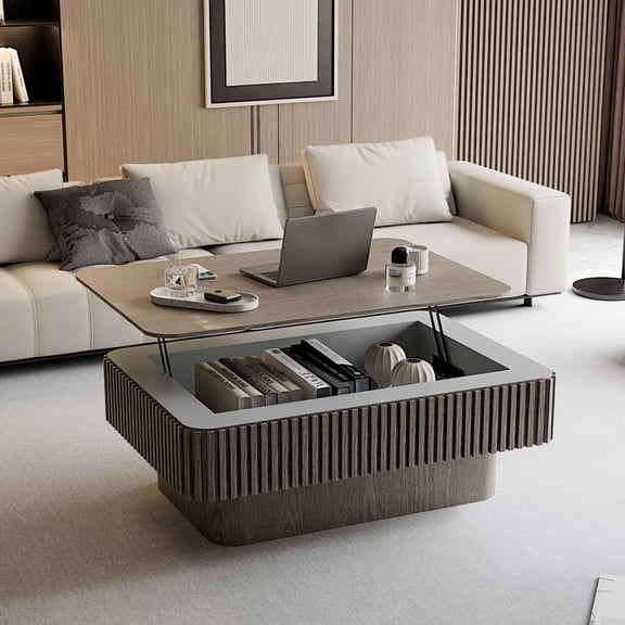 UZUGUL Grey Lift-Top Coffee Table, Fluted Storage, Height Adjustable, Hydraulic Hinge, for Living Room Home Office