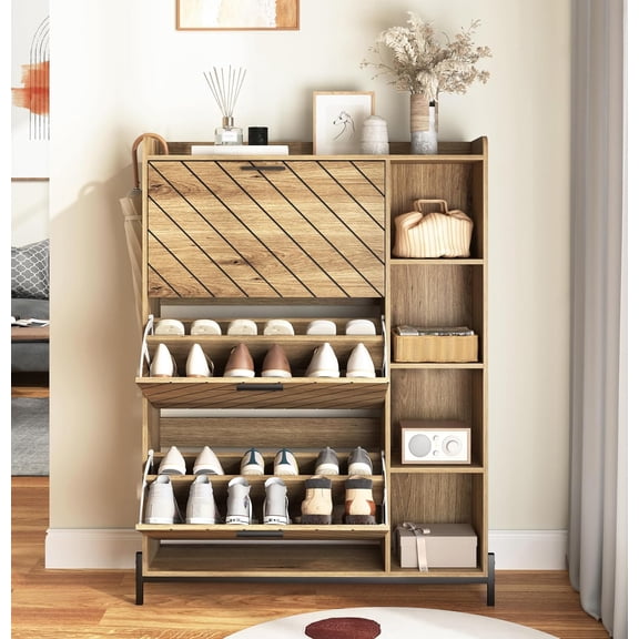 UZUGUL Large Shoe Cabinet for Entryway, Slim Hidden Shoe Storage Cabinet with 3 Flip Drawers and 4 Cubby Shelf, Freestanding Shoe Rack Cabinet,Shoe Organizer Cabinet for Closet, Living Room