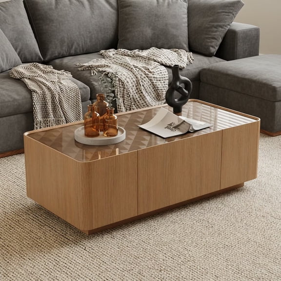 UZUGUL Rectangle Glass Top Coffee Table, Wood Frame, Tempered Glass, Floating Base, Round Corners, for Living Room