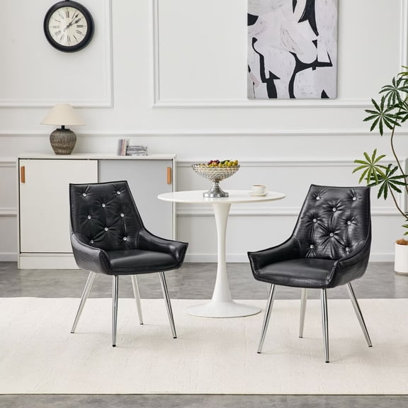 UZUGUL Set of 2 White Dining Chairs with Gold Legs Luxury Crocodile Pattern, Crystal Button Tufted Velvet Back, Stain-Proof Upholstery, Pocket Spring Cushion for Living Room or Salon