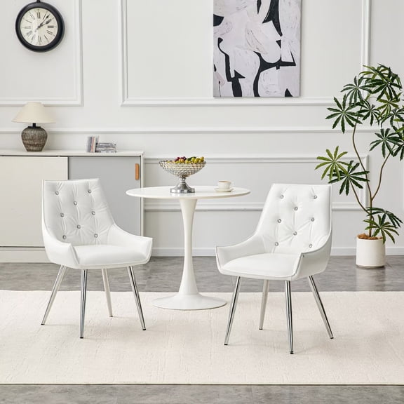 UZUGUL Set of 2 White Dining Chairs with Silver Legs Crocodile-Embossed Leather-Look Finish, Diamond Velvet Button Back, Scratch & Water Resistant, High-Density Foam with Pocket Springs