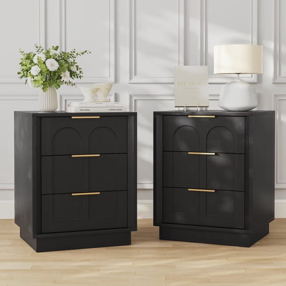 UZUGUL Set of 2 Black 3-Drawer Chest, Arch Inset Design, Gold Pulls, Bedside Table, for Bedroom Small Apartment