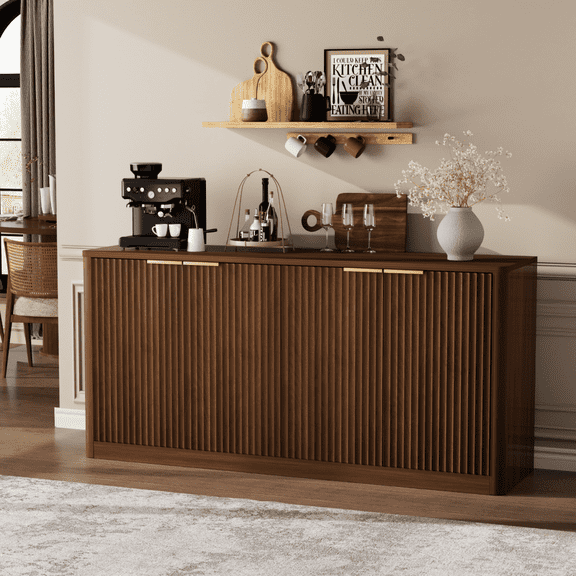 UZUGUL Sideboard Cabinet Farmhouse Walnut Fluted 4 Doors with Adjustable Shelves 1-Pack 59 Inch