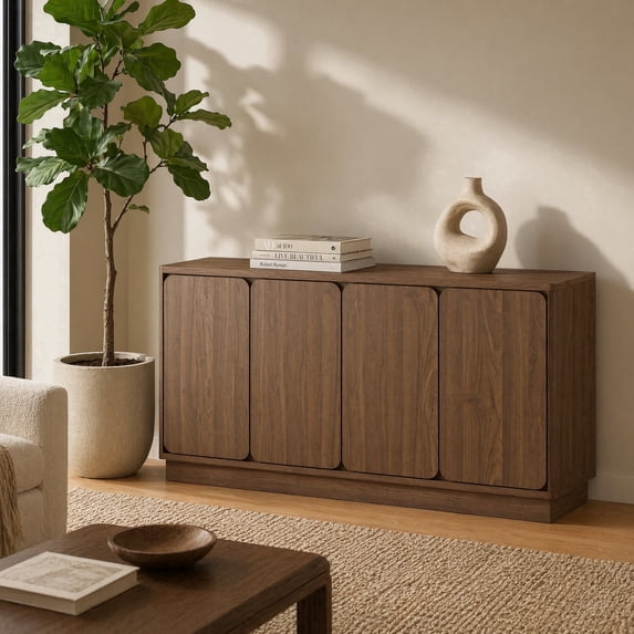 UZUGUL Walnut 4-Door Sideboard, Mid-Century Round Corners, Handle-less Design, Adjustable Shelves, for Living Room