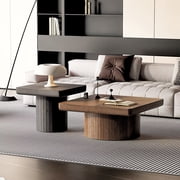 UZUGUL Walnut/Black Nesting Coffee Table Set, Fluted Square Bases, 2-Piece Stackable, for Living Room Center