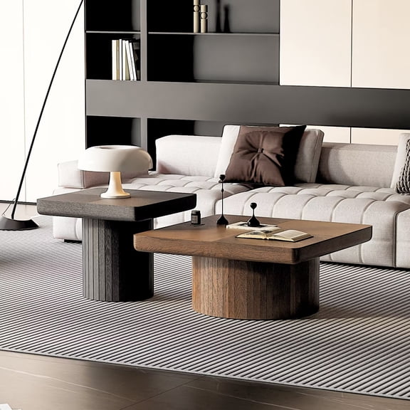 UZUGUL Walnut/Black Nesting Coffee Table Set, Fluted Square Bases, 2-Piece Stackable, for Living Room Center