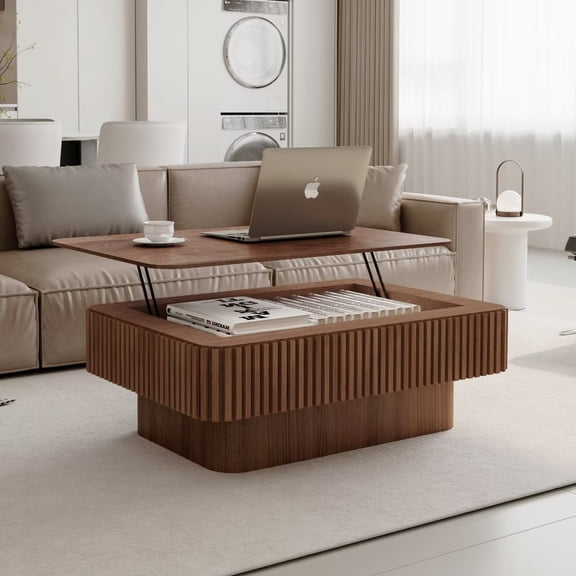 UZUGUL Walnut Lift-Top Storage Table, Fluted Sides, Rise-Up Desk, Multifunctional, for Small Apartment Living Room