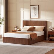 UZUGUL Walnut Mid-Century Bed Frame, Fluted Slat Design, High Headboard, Solid Wood Construction, for Master Bedroom