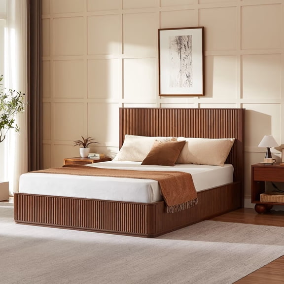 UZUGUL Walnut Mid-Century Bed Frame, Fluted Slat Design, High Headboard, Solid Wood Construction, for Master Bedroom