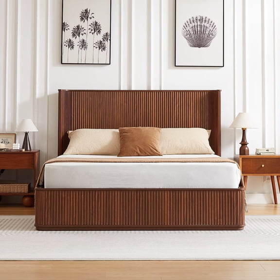 UZUGUL Walnut Platform Bed, Fluted Slat Design, High Headboard, Solid Wood Frame, for Master Bedroom