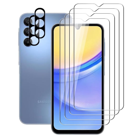 UZWZW (4+2) for Samsung Galaxy A15 (5G / 4G) (4 Pack) Tempered Glass HD Clear Screen Protector with (2 Pack) Camera Lens Protector