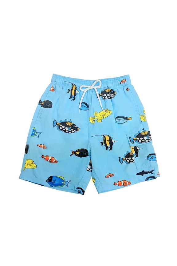 Kids Swim Shorts Fast Dry Fun Print, Blue Fish, Size: 6-8, Uzzi Active Wear