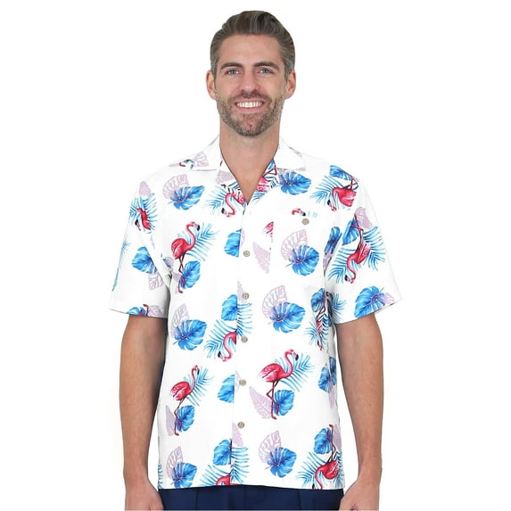 UZZI Mens Hawaiian Casual Button Down Short Sleeve Beach Flamingo Party Shirt, White Flamingo, Size: Medium, Uzzi Active Wear