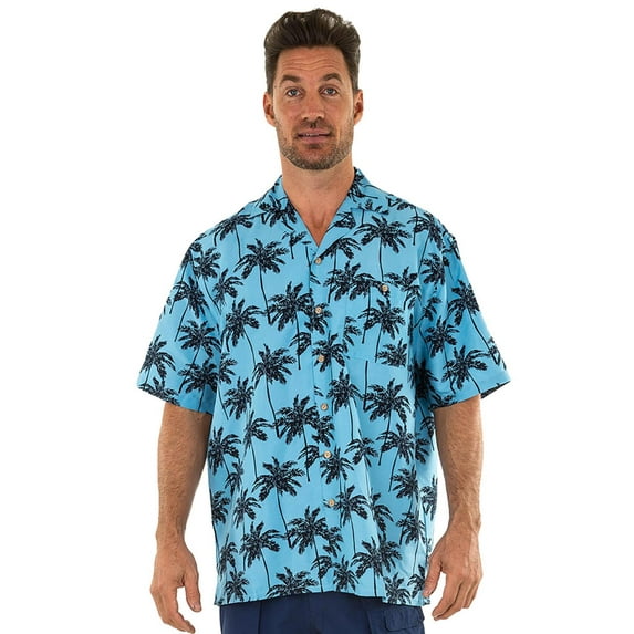UZZI Mens Hawaiian Casual Button Down Short Sleeve Beach Surf Aloha Party Shirt, Blue Palm, Size: Large, Uzzi Active Wear