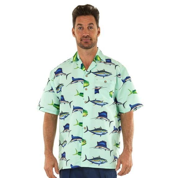 UZZI Mens Hawaiian Casual Button Down Short Sleeve Beach Surf Aloha Party Shirt, Jade Fishing, Size: Large, Uzzi Active Wear