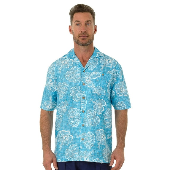 UZZI Mens Hawaiian Casual Button Down Short Sleeve Beach Surf Aloha Party Shirt, Light Blue Flowers, Size: Large, Uzzi Active Wear