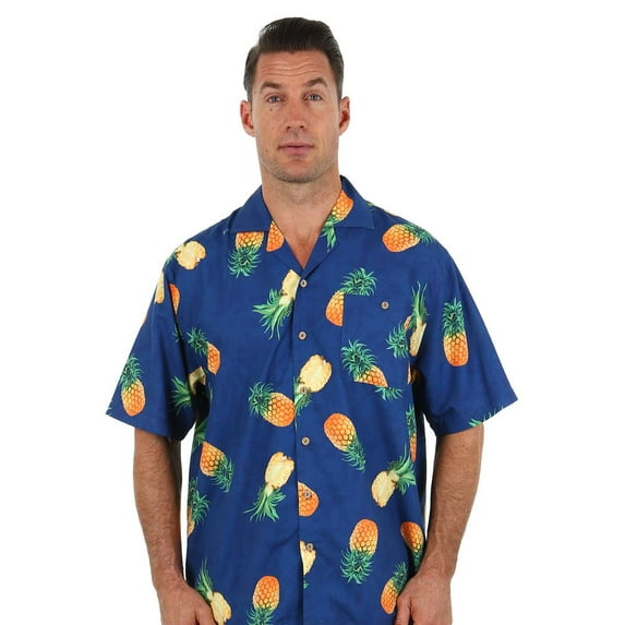 UZZI Mens Hawaiian Casual Button Down Short Sleeve Beach Surf Aloha Party Shirt, Navy Pineapple, Size: 2X, Uzzi Active Wear