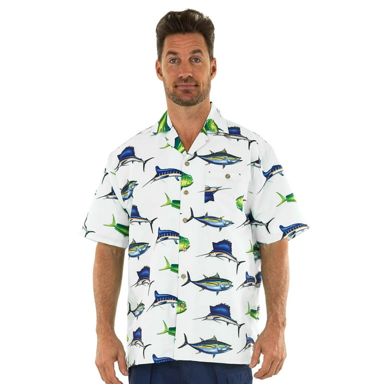 UZZI Mens Hawaiian Casual Button Down Short Sleeve Beach Surf Aloha Party  Shirt, White Fishing, Size: Medium, Uzzi Active Wear