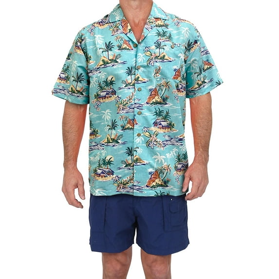 UZZI Mens Hawaiian Casual Button Down Short Sleeve Beach Tiki Hut Print Party Shirt, Aqua Tiki Hut, Size: Medium, Uzzi Active Wear