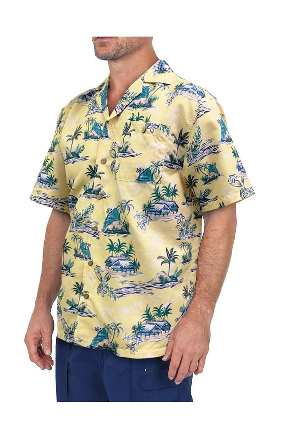 Mens Hawaiian Casual Button Down Short Sleeve Beach Tiki Hut Print Party Shirt, Yellow Tiki Hut, Size: Medium, Uzzi Active Wear