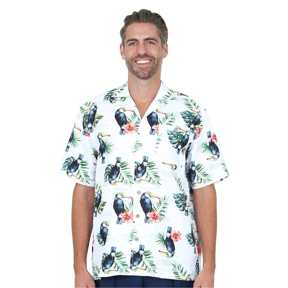 UZZI Mens Hawaiian Casual Button Down Short Sleeve Beach Toucan Party Shirt, White Toucan, Size: Small, Uzzi Active Wear