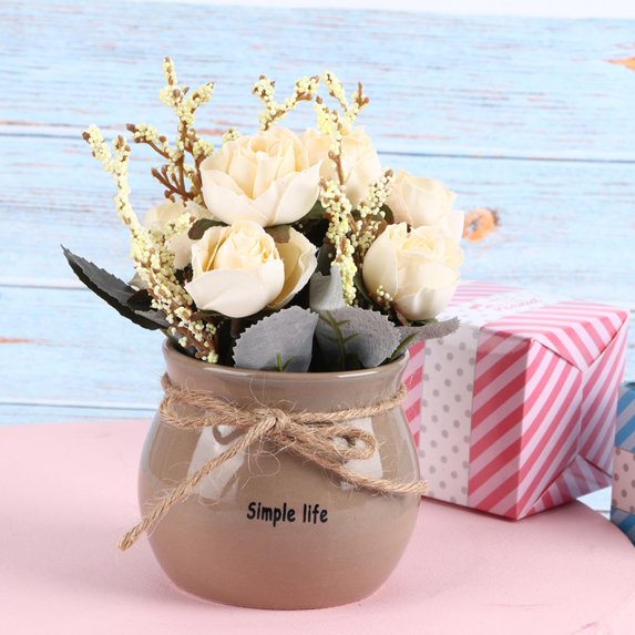 Nimomo Flores Artificiales—— Florero de cerámica de Rosa de Seda Artificial Flor en Maceta Decoración de Escritorio para el hogar Adorno Blanco