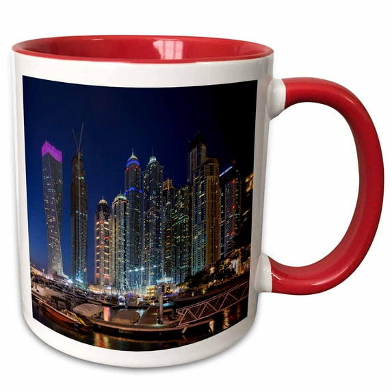 3drose, Uae, Dubai, Downtown High Rise Buildings Along the Waterfront Marina., 11oz Two-tone Red Mug