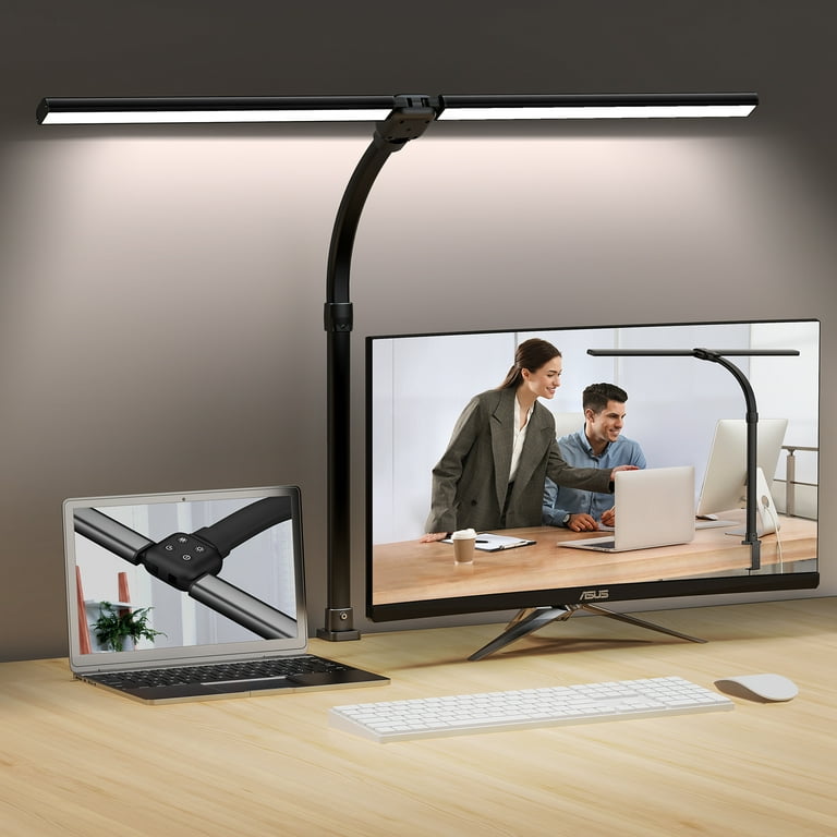 Uamector LED Desk Lamp Double Head LED Desk Lamp with Clamp Eye Caring Computer Desk Light for Home Office 24W Architect Lamp 5 Color Modes Table