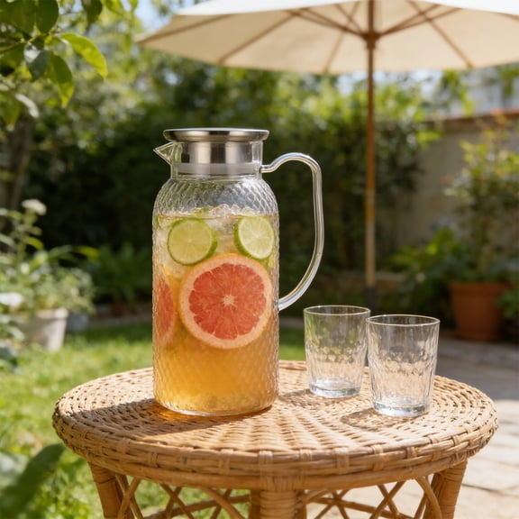 Uandlove 1L Plastic Pitcher with Lid and Strainer, BPA-Free Water Jug, Diamond Pattern Beverage Server with Stainless Steel Filter, Clear