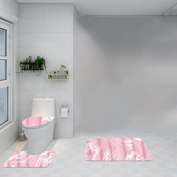 Uandlove 3-Piece Pink Marble Bathroom Rug Set, Non-Slip Microfiber U-Shape Contour Mat and Toilet Lid Cover, Soft Absorbent Machine Washable Bath Mat Set for Bathroom Decor