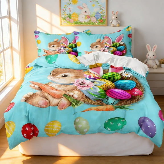 Uandlove 3 Piece Easter Bunny Bedding Set Queen, Cartoon Rabbit & Egg Pattern Duvet Cover with 2 Pillowcases, Microfiber Ultra Soft Machine Washable