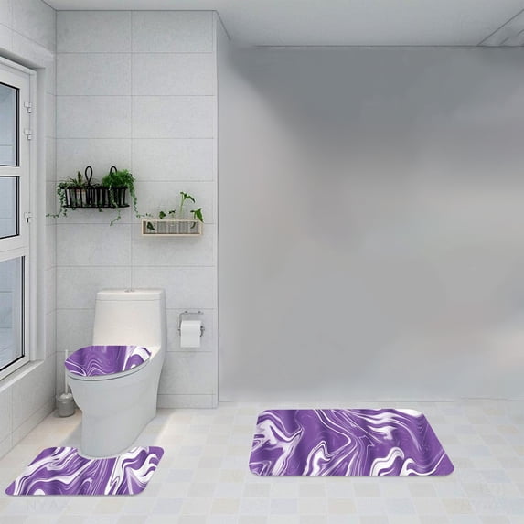 Uandlove 3 Piece Purple Marble Bathroom Rug Set Non Slip Flannel Soft U Shape Toilet Mat Cover with Washable Bath Mats for Bathroom Decor