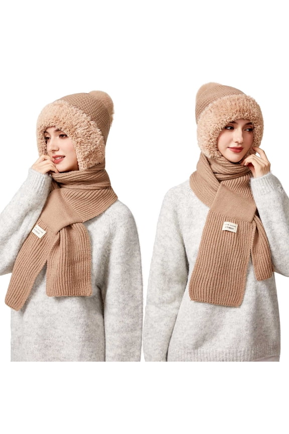 3-in-1 Fleece Lined Winter Balaclava, Knit Hat Scarf Face Mask Set for Adults, Windproof Ribbed Knit Tan Winter Accessory for Outdoor Sports & Daily Use