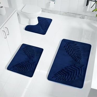 Uandlove Bath Mat,3 Pieces Leaf Floor Mat For Bathroom Non-Slip Rug Mat Microfiber Polyester,Bath Rugs For Bathroom Floor,19.68x31.49in,Navy Blue