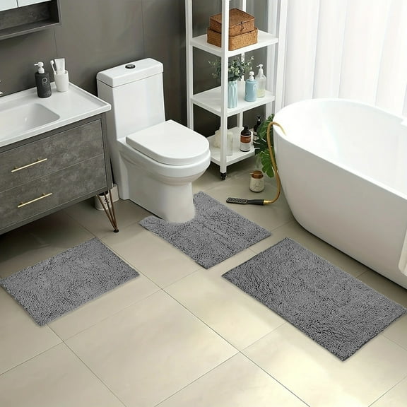 Uandlove Bathroom Rugs,3-piece Non-Slip Backing Absorbent Bathroom Rug Quick Dry Luxury Chenille,Bathroom Mat for Tub,19.7x4.3x4.3 in,Grey