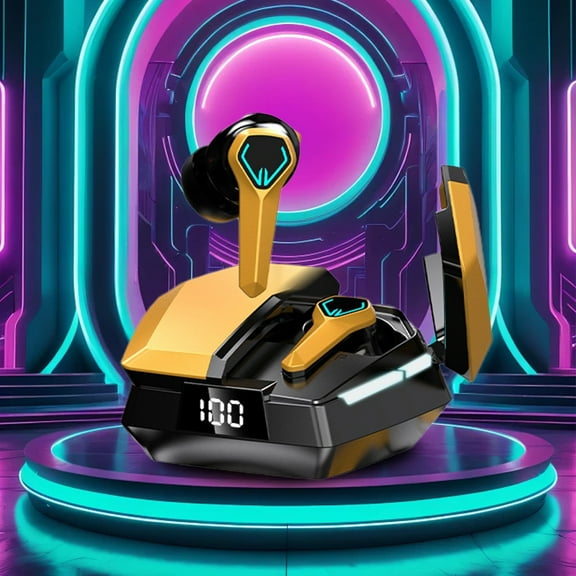 Uandlove Bluetooth Headset Gaming,Wireless Bluetooth Ear Mecha Wind Gaming Wireless Bluetooth Headset Long Battery Life Low Latency Heavy Bass Stylish Digital Display,Yellow