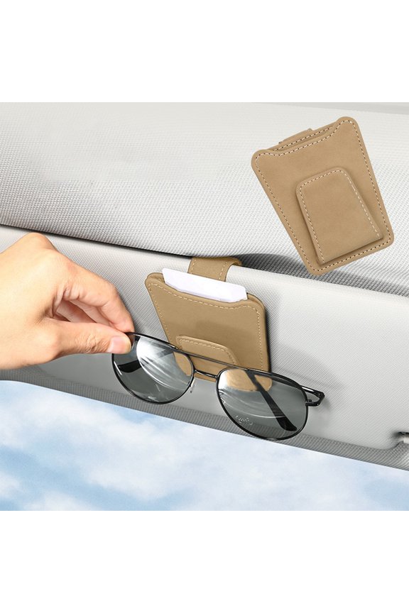 Car Sunglasses Holder for Visor Leather Glasses Clip with Card Slot Sun Visor Organizer Scratch Proof Eyeglass Case Storage for Men Women Car Truck SUV Accessories
