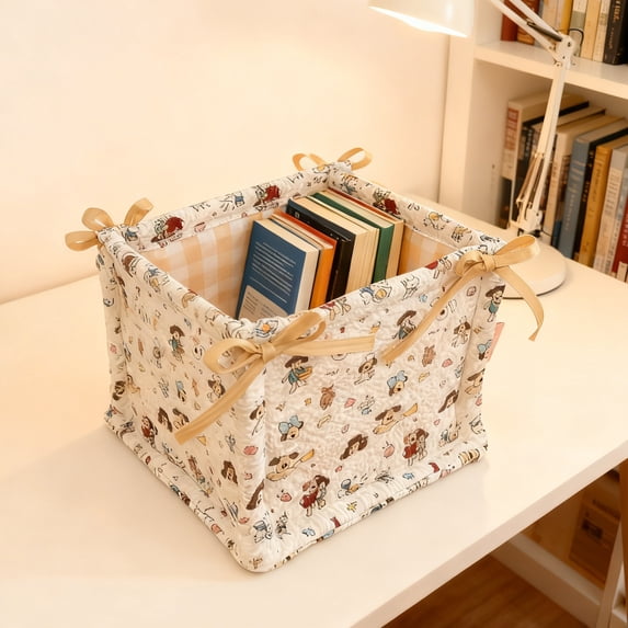 Uandlove Collapsible Cotton Storage Basket - Quilted Desktop Organizer for Desk, Bathroom, Dorm | Small Decorative Bin with Handles (Brown, Cartoon Pattern)