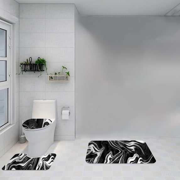 Uandlove Black Marble Bathroom Rugs Set 3 Piece Non Slip, Plush U-Shaped Toilet Mat and Lid Cover Soft Absorbent Machine Washable Bath Mat Set