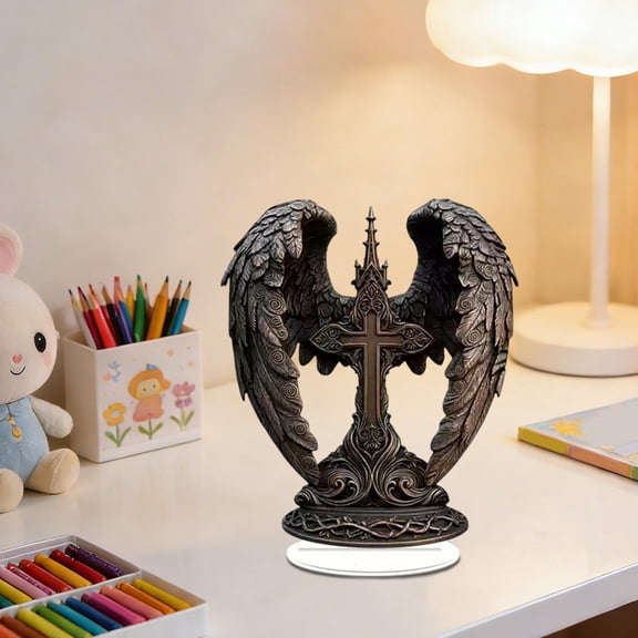 Uandlove Easter Acrylic Cross with Angel Wings Ornament, 4 Styles - Silver Carved, Bronze Gothic, Floral White, Gold Sparkling, Tabletop Display Stand for Home, Office Desk Decor