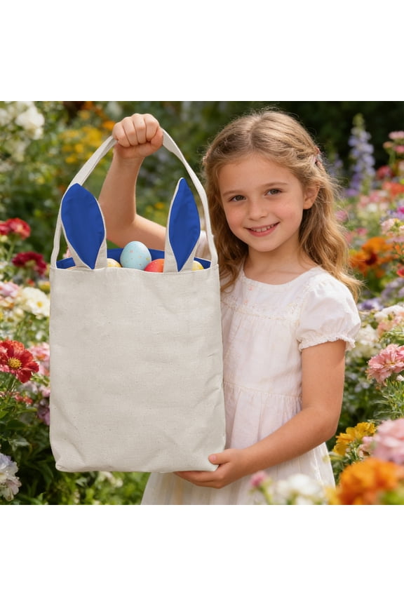Easter Basket Bag Reusable, Rabbit Ear Canvas Tote Bag for Easter Egg Hunt, Gifts, Grocery Shopping, Washable Gift Bag for Ki-ds & Daily Use
