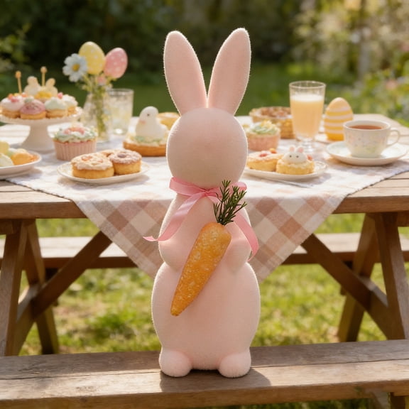 Uandlove Easter Bunny Decor Spring Flocked Standing Rabbit Figurine Blush Pink Foam Statue for Table Centerpiece Mantle Shelf Decorations Farmhouse Cottontail Ornament Gift